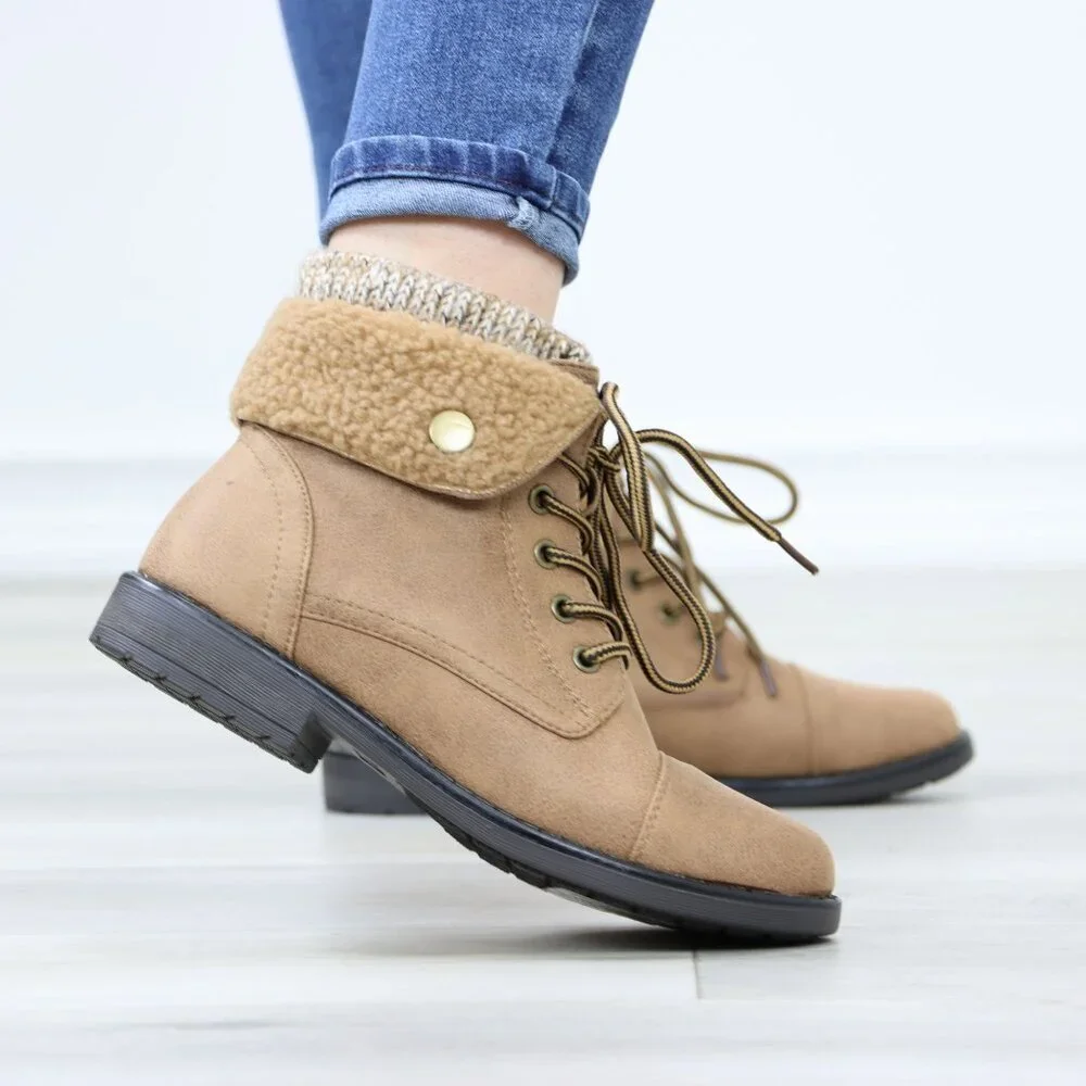 Sherpa Ankle Lined Combat Flat Heel Ankles Boots Tan Faux Leather - Picture 5 of 12